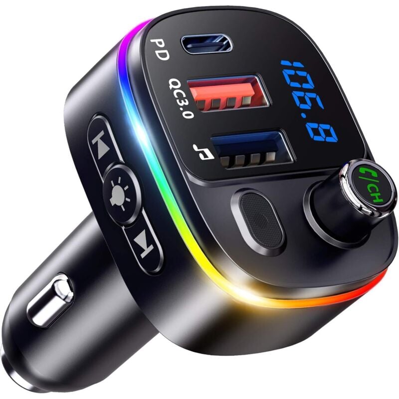 Bluetooth Auto, QC3.0 & PD18W USB C FM Transmitter Bluetooth 5.3 mit Freisprechfunktion, Bluetooth Autoadapter Autoradio unterstützt Siri Google
