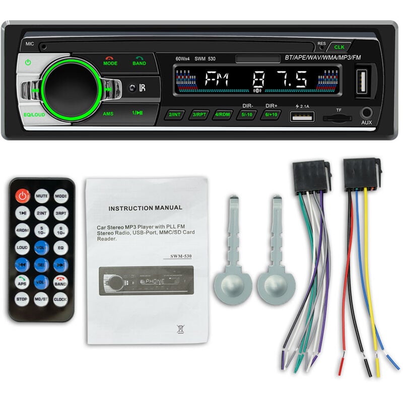Bluetooth-Autoradio, 1-DIN-Autoradioempfänger mit MP3-WMA-FM-Player-Fernbedienung, zwei USB-Anschlüssen, Freisprech-Stereo 4 x 60 W, unterstützt iOS,