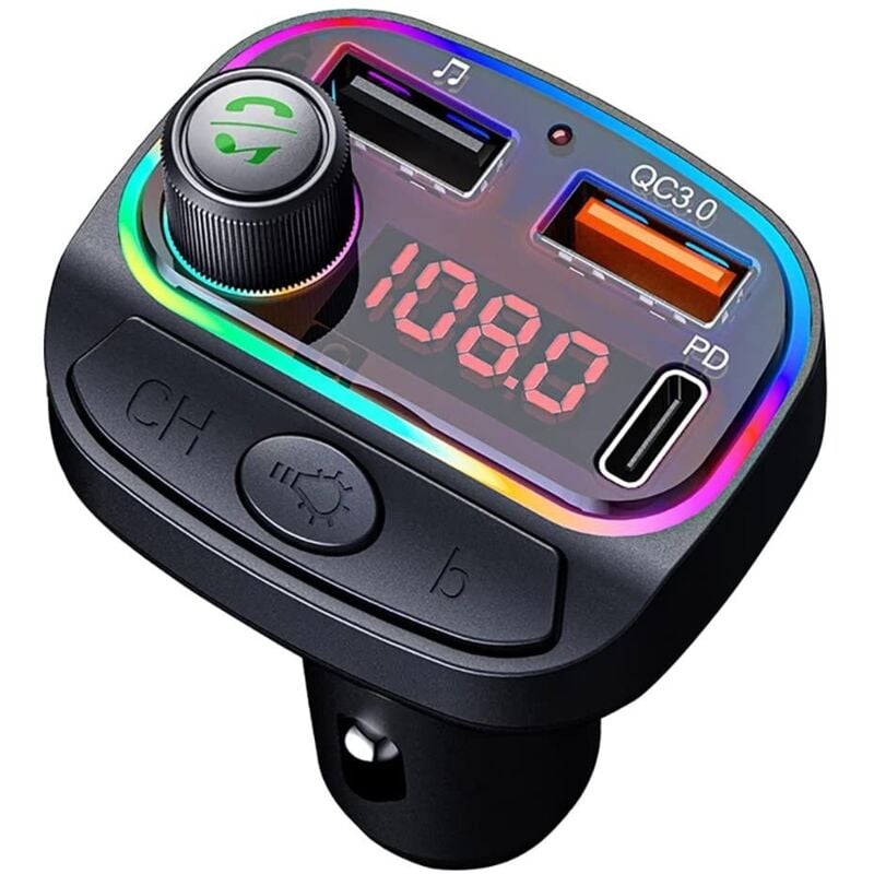 Bluetooth-Autoradio-Adapter, kabelloser FM-Radiosender, MP3-Musik-Player mit USB-Typ-C-Ladegerät, 7-farbige LED-Hintergrundbeleuchtung