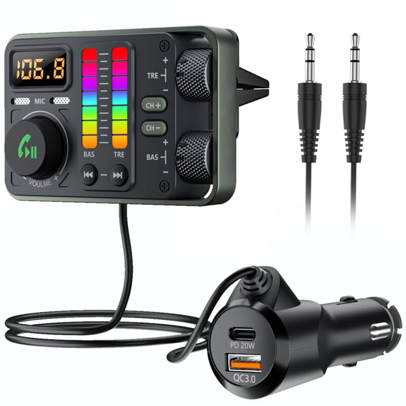 Bluetooth-Autoradio-Transmitter (5,3 GHz), Hi-Fi-Lautsprecher mit Höhen- und Bassregelung, PD20W-Schnellladegerät (QC18W), Autoradio-Adapter
