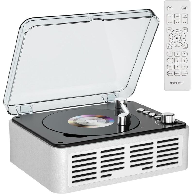 Bluetooth-CD-Player mit Lautsprechern und Vintage-FM-Radio, CD-Player mit USB- und AUX-Anschluss, Hörbuchwiedergabe, Weiß