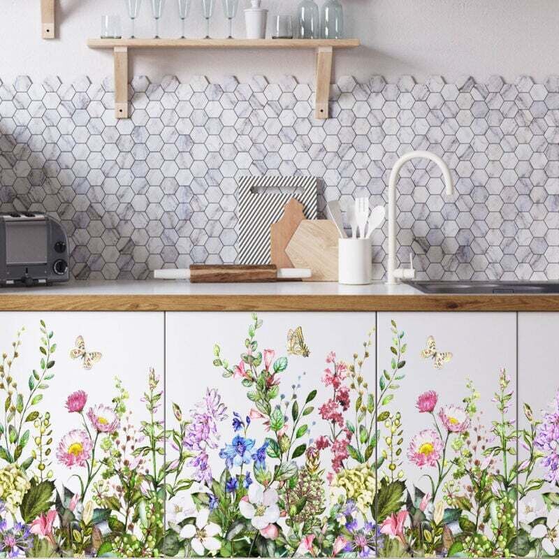 Blumen-Wandtattoos, Schmetterlings-Wandtattoos, Gartenblumen-Wandtattoos mit frischen grünen Blättern, DIY-Pflanzenkunst-Dekoration für Schlafzimmer,