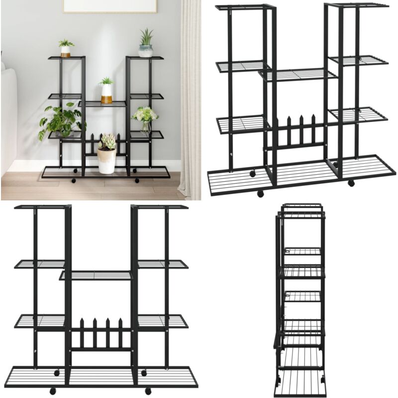 Blumenständer mit Rollen 94,5x24,5x91,5 cm Schwarz Eisen - Blumenständer - Pflanzenständer - Balkonmöbel - Gartengeräte - Gitterrost - Home & Living