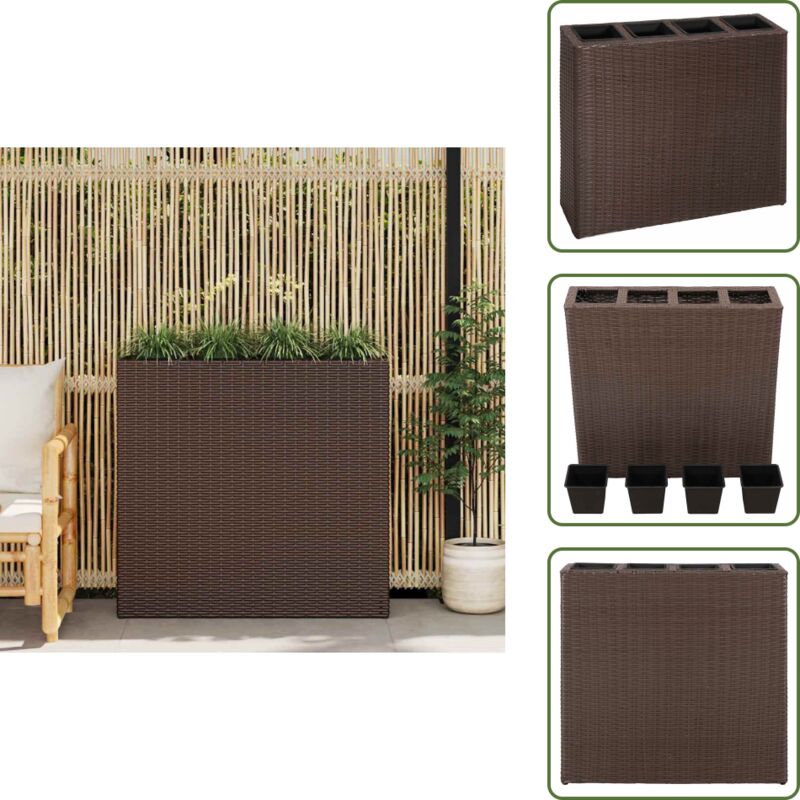 Garten-Hochbeet mit 4 Töpfen Poly Rattan Braun - Gartenhochbeet - Rattanpflanze - Outdoor Dekoration - Blumenerde - Topfset
