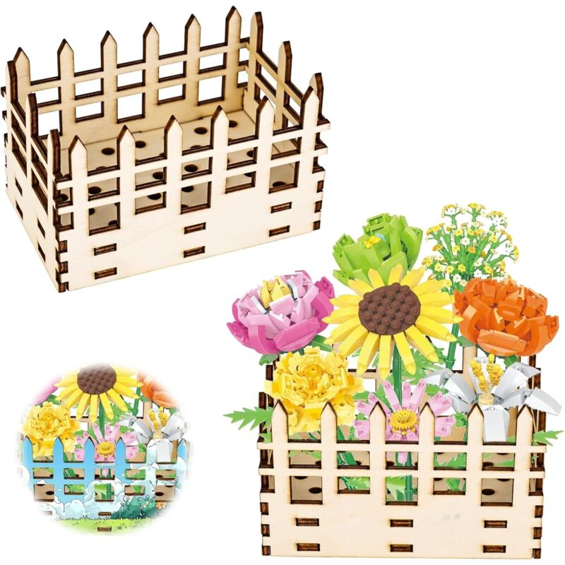 Blumenvase für Lego, Ausstellungsständer aus Holzzaun, für Lego-Blumenstrauß, Kirschblüten, Sonnenblumen, Tulpen