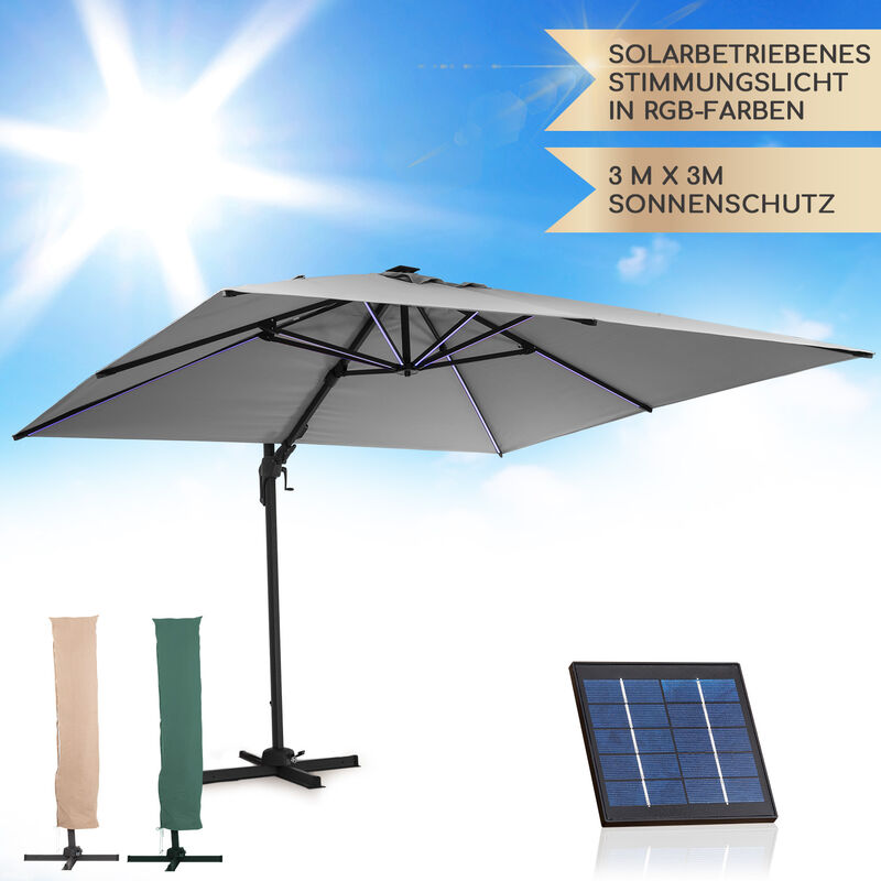 Sonnenschirm für Balkon, Sonnenschirm mit Solarpanel & led Beleuchtung, Wasserdicht & UV-Schutz, Balkon Sonnenschirm für Terrasse, Balkon & Garten,