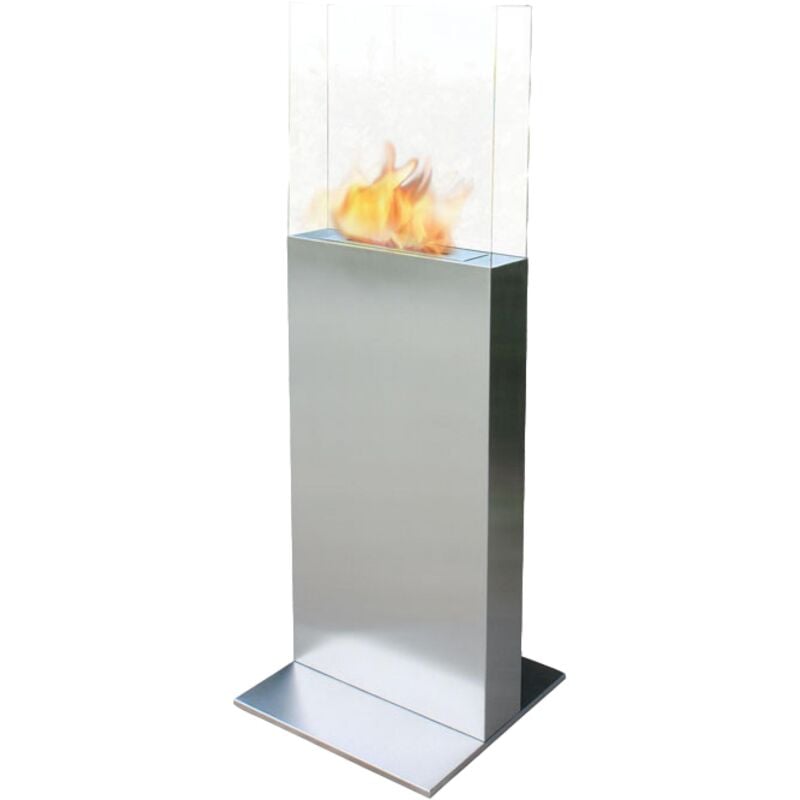 Bodenstehender Ethanol-Kamin, rechteckiges Turmdesign aus Stahl und gehärtetem Glas