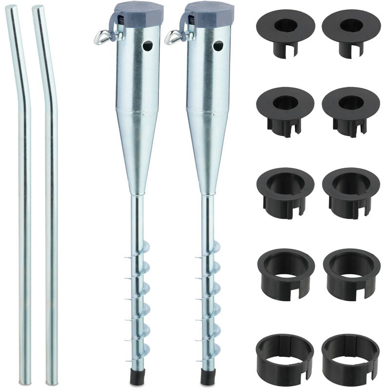 Bodenhülse, 2er Set, Sonnenschirm & Wäschespinne, zum Eindrehen, 25-55 mm Stangendicke, Bodendorn, silber/grau - Relaxdays