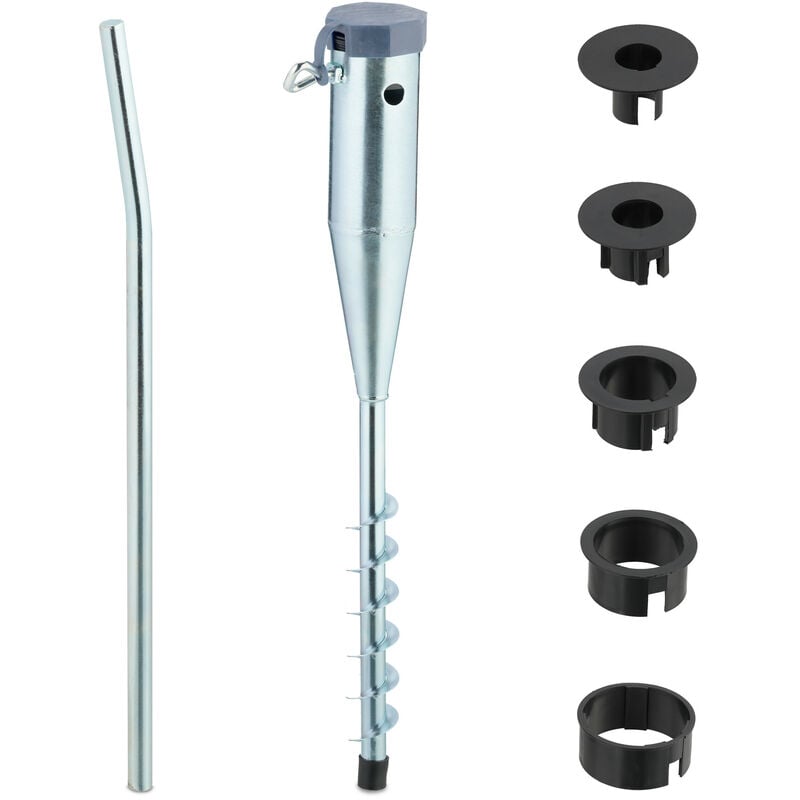 Bodenhülse, für Sonnenschirm & Wäschespinne, zum Eindrehen, 25-55 mm Stangendicke, Bodendübel, silber/grau - Relaxdays