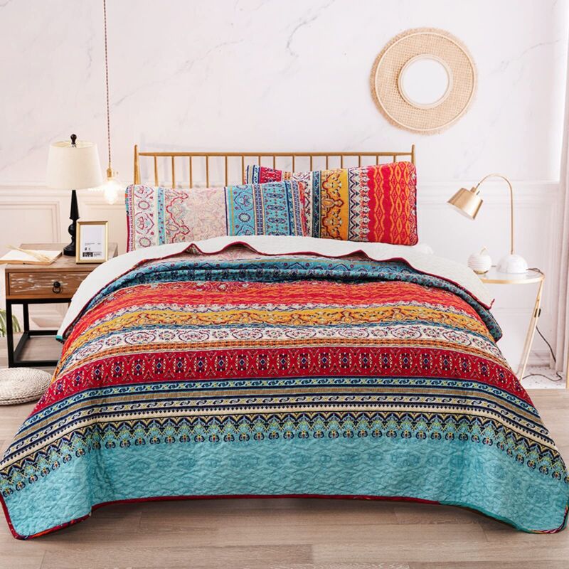 Böhmische gesteppte Tagesdecke für Doppelbett, 3-teilige Patchwork-Tagesdecke, wendbare Steppdecke, weiche Mikrofaser-Bettwäsche, 220 x 240 cm