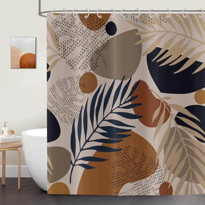 Böhmischer Duschvorhang, Blätter, 180 x 200 cm, Boho-Abstrakte Kunst, braune Palmenblätter, waschbarer Bad-Duschvorhang, wasserdichter Stoff,