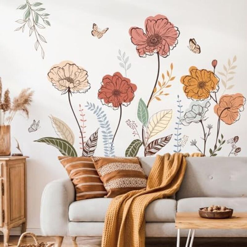 Boho-Gartenblumen-Wandtattoos, 120 x 40 cm, florales Aquarell-Gras-Pflanzenmotiv, Wandaufkleber für Schlafzimmer, Wohnzimmer, TV-Wand