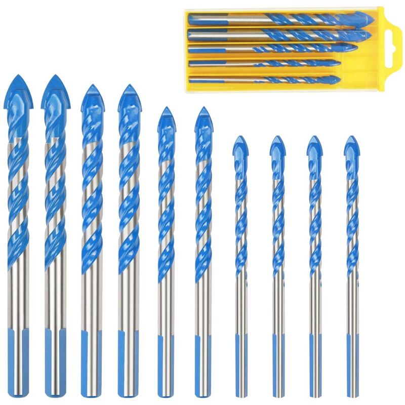 Bohrerset für Fliesen aus Glas, 10 Stück Mehrzweckbohrer Dreieck Porzellan Bohrwerkzeuge für Metall, Fliesen, Glas, Marmor, Spiegel, Holz,