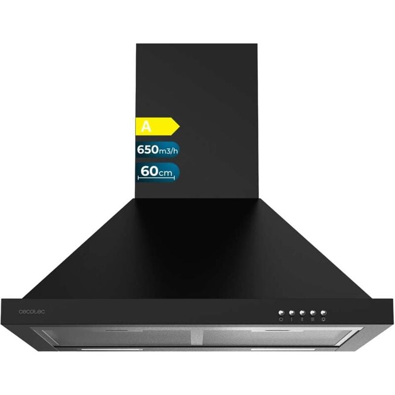 Cecotec - Bolero flux Pyramidenhaube pm 606500 schwarz a de 60cm de breit, schwarz lackiert, Absaugung 650m3/h, Motor 165w, Klasse a, mechanische