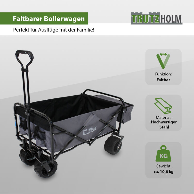 Baumarktplus - Bollerwagen faltbar Breitreifen viele Fächer Grau, innen schwarz Falt-Bollerwagen