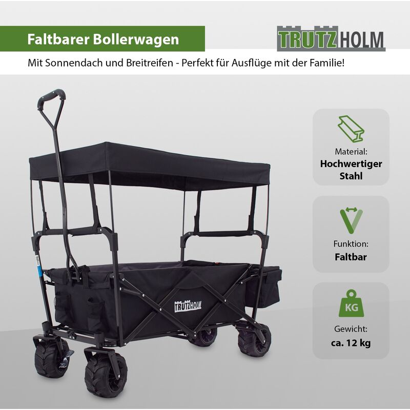 Baumarktplus - Bollerwagen faltbar mit Sonnendach Breitreifen Schwarz, innen grau Falt-Bollerwagen