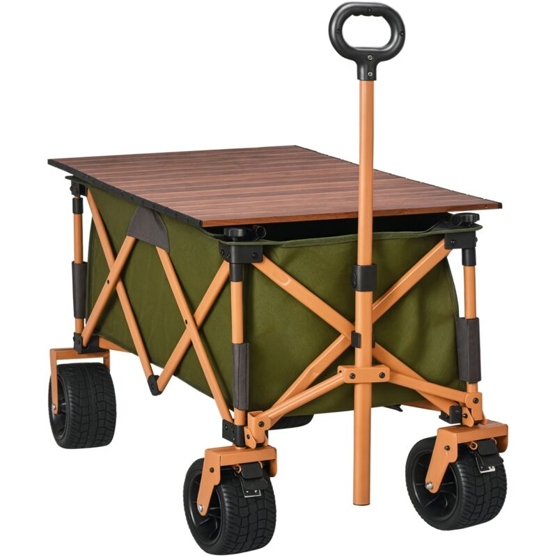Bollerwagen Faltbarer Handwagen, Transportwagen mit Verstellbarem Griff, Strandwagen, Gartenwagen mit Klapptafel, bis 120 kg Belastbar, Grün