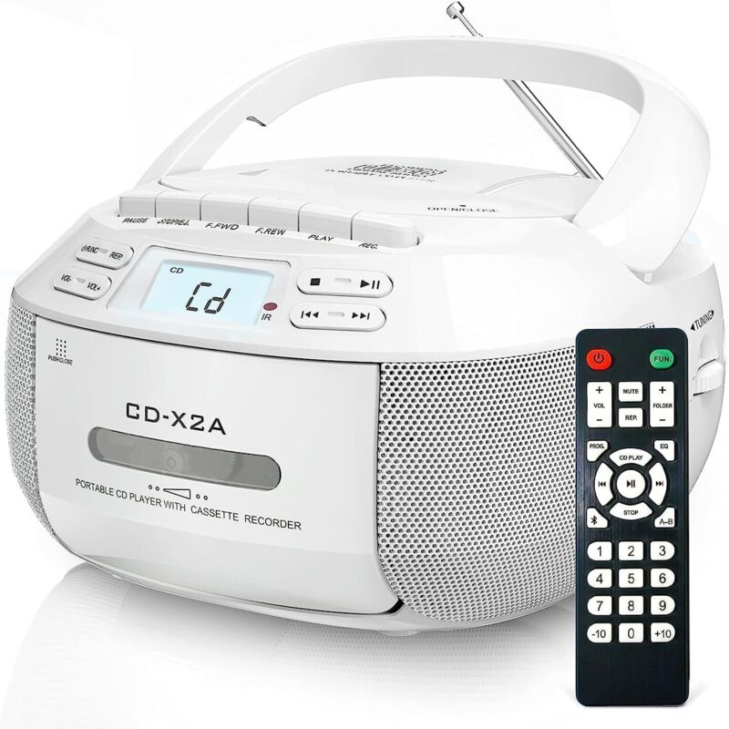 Boombox-CD-Player mit Bluetooth, UKW-Radio, USB-/AUX-Wiedergabe, Stereoklang mit Fernbedienung, Kassettenaufnahmefunktion, Netzteil und CD-Player –
