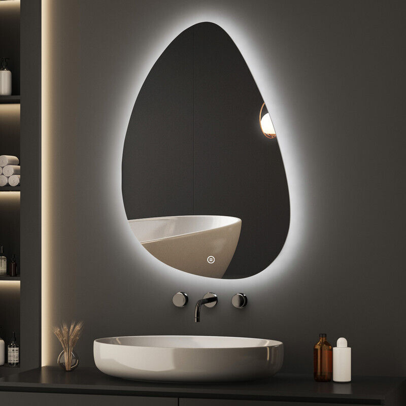 Boromal Asymmetrischer Badspiegel mit Beleuchtung 55x80cm LED Asymmetrischer Spiegel mit Beleuchtung Spiegel mit Licht Badezimmer Wandspiegel mit