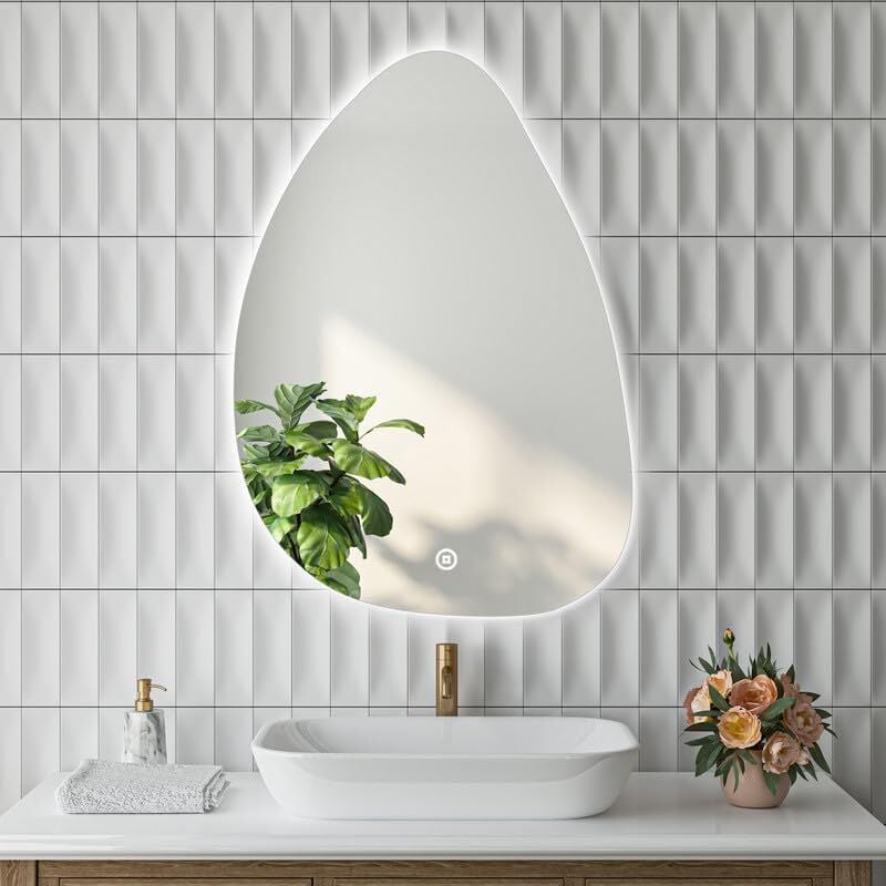 Boromal Asymmetrischer Badspiegel mit Beleuchtung 55x80cm LED Asymmetrischer Spiegel mit Beleuchtung Spiegel mit Licht Badezimmer Wandspiegel mit