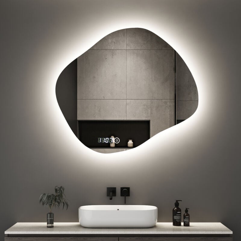Boromal Asymmetrischer Beleuchtung mit Beleuchtung 74 x 64 cm LED Badspiegel mit Uhr Spiegel mit Beleuchtung, Uhr, Touch-Schalter, Dimmbar 3