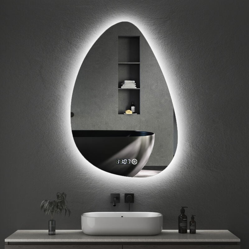 Boromal Asymmetrischer Beleuchtung mit Beleuchtung 55 x 80 cm LED Badspiegel mit Uhr Spiegel mit Beleuchtung, Uhr, Touch-Schalter, Dimmbar 3