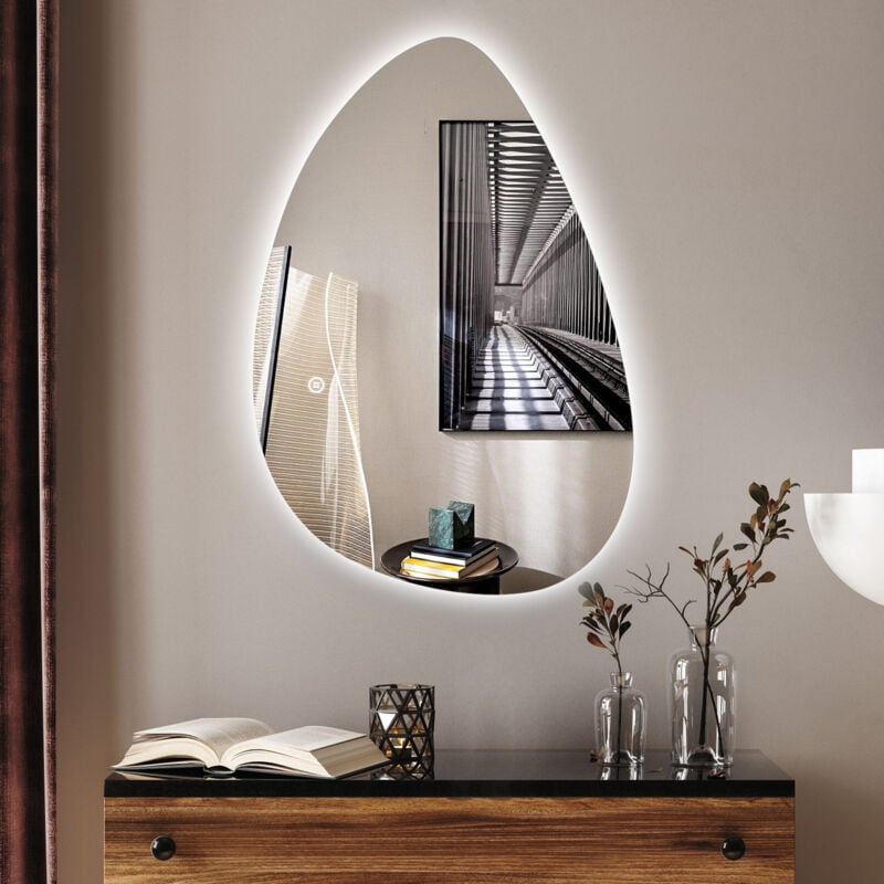 Boromal Asymmetrischer Beleuchtung mit Beleuchtung 90x65cm LED Badspiegel Asymmetrischer Spiegel mit Beleuchtung Lichtspiegel Wandspiegel mit