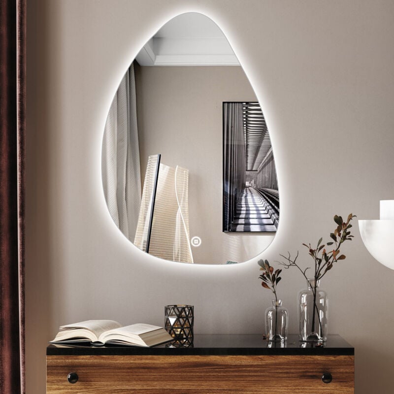 Boromal Asymmetrischer Beleuchtung mit Beleuchtung 55x80cm LED Badspiegel Asymmetrischer Spiegel mit Beleuchtung Lichtspiegel Wandspiegel mit