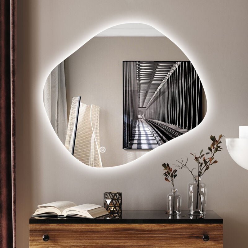 Boromal Asymmetrischer Beleuchtung mit Beleuchtung 84x74cm LED Badspiegel Asymmetrischer Spiegel mit Beleuchtung Badezimmerspiegel Lichtspiegel