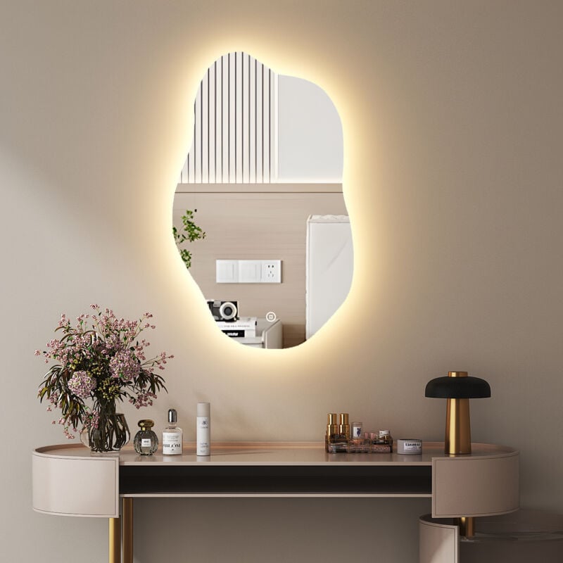 Boromal Asymmetrischer Beleuchtung mit Beleuchtung 62x90cm LED Badspiegel Asymmetrischer Spiegel mit Licht Lichtspiegel LED Spiegel Badezimmerspiegel