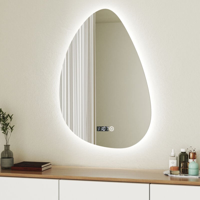 Boromal Asymmetrischer Beleuchtung mit Beleuchtung und Uhr 55 x 80 cm LED Badspiegel mit Licht Spiegel mit Beleuchtung, Touch-Schalter, Dimmbar 3