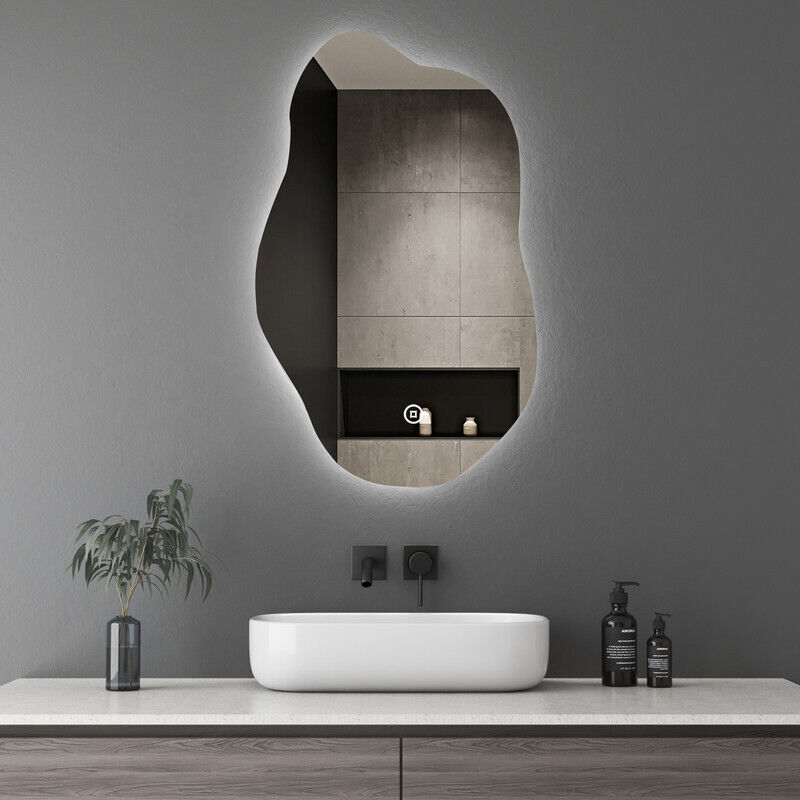 Asymmetrischer Spiegel mit led Beleuchtung, Asymmetrischer Spiegel Badspiegel mit Beleuchtung 62x90cm Badezimmerspiegel mit Touch-Schalter, Dimmbar,