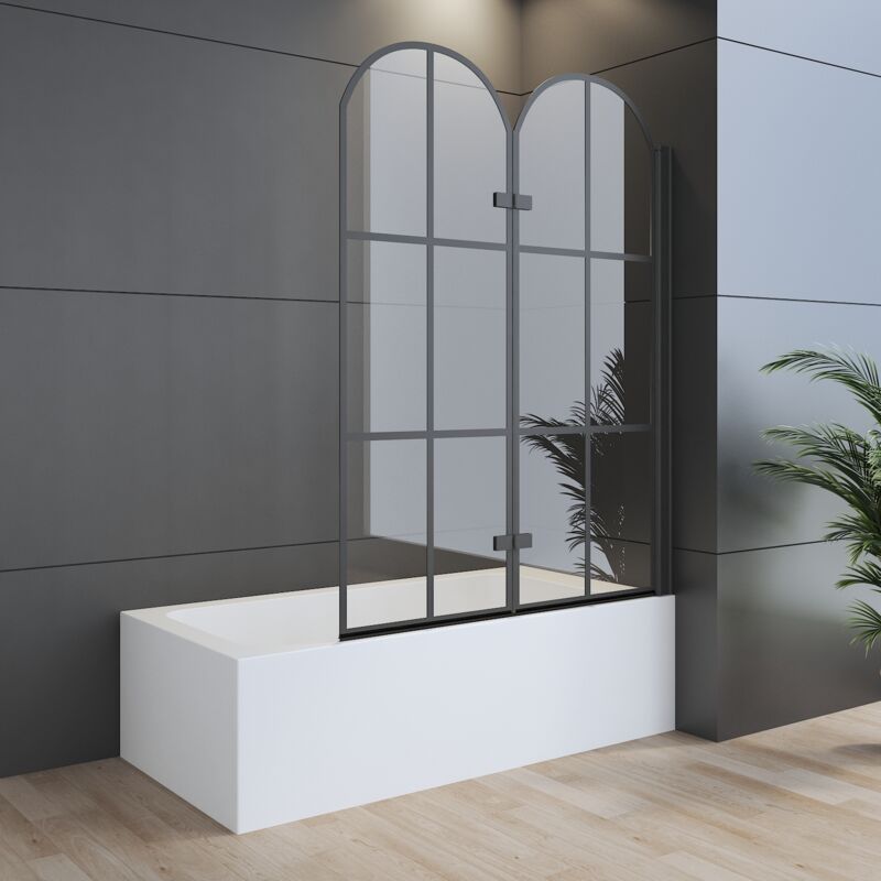 Boromal Badewannenaufsatz 120x140cm Duschwand 2-teilig mit Schwarzem Gitterdruck Duschwand für Badewanne Duschtrennwand für Badewanne Faltwand