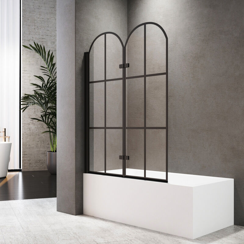 Boromal Badewannenaufsatz mit schwarzem Gitterdruck Duschwand für Badewanne Duschtrennwand für Badewanne Faltwand Duschabtrennung Badewanne Duschwand