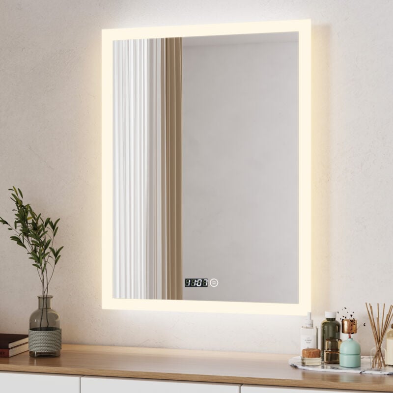 Boromal Badspiegel mit Beleuchtung 50 x 70 cm LED Spiegel mit Uhr Spiegel mit Beleuchtung Badezimmerspiegel mit Beleuchtung Lichtspiegel Wandspiegel