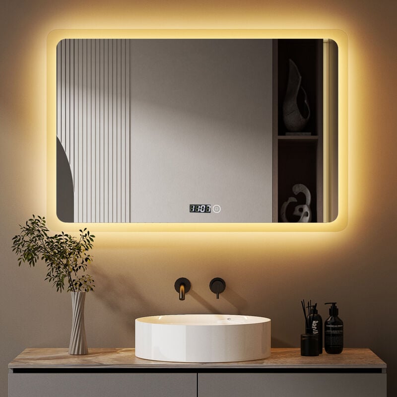 Boromal Badspiegel mit Beleuchtung 100 x 60 cm LED Spiegel mit Uhr Spiegel mit Beleuchtung Badezimmerspiegel mit Beleuchtung Lichtspiegel Wandspiegel