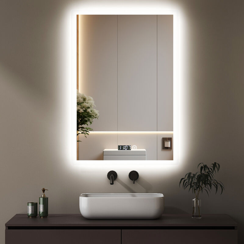 Boromal Badspiegel mit Beleuchtung 50 x 70 cm LED Spiegel mit Uhr Spiegel mit Beleuchtung Lichtspiegel Badezimmerspiegel mit Beleuchtung Wandspiegel