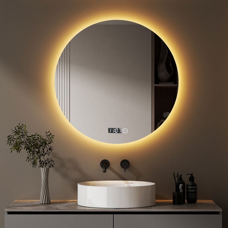 Boromal Badspiegel mit Beleuchtung 70x70cm LED Badspiegel Rund mit Uhr LED Spiegel Spiegel mit Beleuchtung Badezimmerspiegel Rund mit Beleuchtung