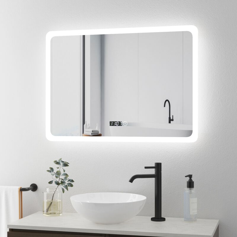 Boromal Badspiegel mit Beleuchtung 80x60cm LED Spiegel mit Uhr Spiegel mit Beleuchtung Lichtspiegel Badezimmerspiegel mit Beleuchtung Wandspiegel mit