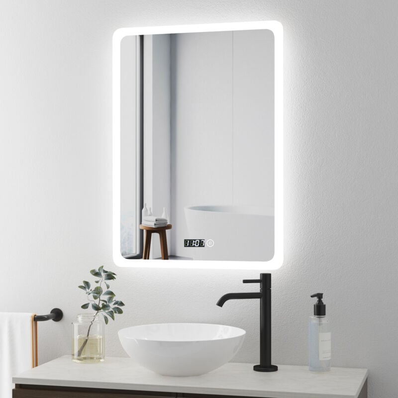 Boromal Badspiegel mit Beleuchtung 50x70cm LED Spiegel mit Uhr Spiegel mit Beleuchtung Lichtspiegel Badezimmerspiegel mit Beleuchtung Wandspiegel mit