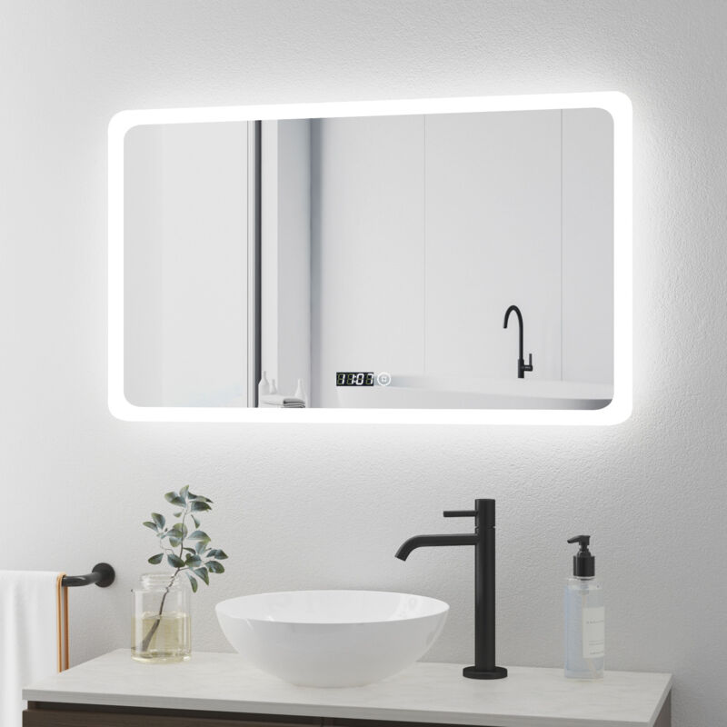 Boromal Badspiegel mit Beleuchtung 100x60cm LED Spiegel mit Uhr Spiegel mit Beleuchtung Lichtspiegel Badezimmerspiegel mit Beleuchtung Wandspiegel