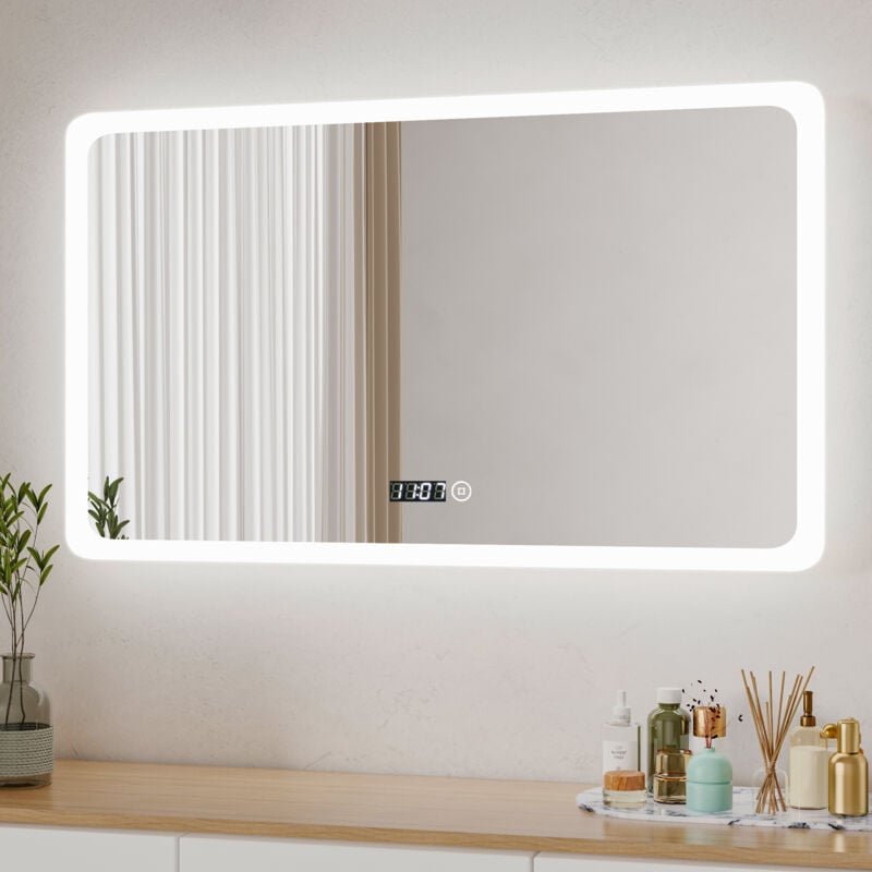 Boromal Badspiegel mit Beleuchtung LED Spiegel mit Uhr 100 x 60 cm Spiegel mit Beleuchtung Badezimmerspiegel mit Beleuchtung Lichtspiegel Wandspiegel