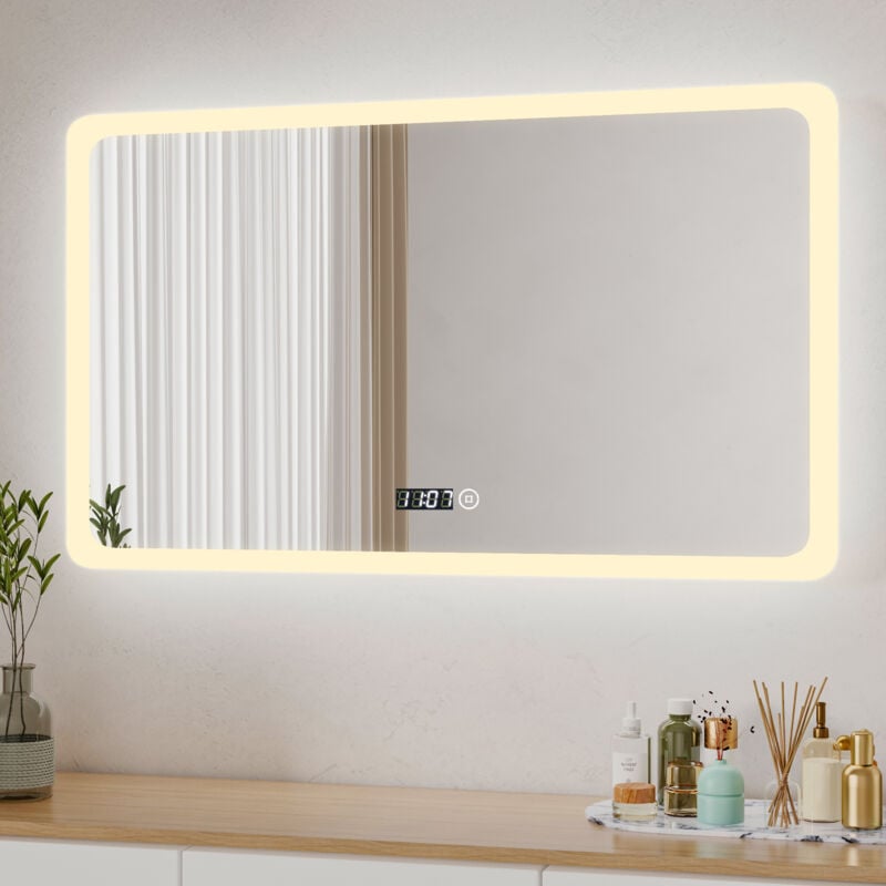 Boromal Badspiegel mit Beleuchtung LED Spiegel mit Uhr 100x60cm Spiegel mit Beleuchtung Badezimmerspiegel mit Beleuchtung Lichtspiegel Wandspiegel