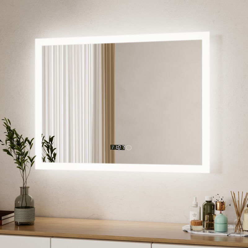 Boromal Badspiegel mit Beleuchtung LED Spiegel mit Uhr 80 x 60 cm Spiegel mit Beleuchtung Badezimmerspiegel mit Beleuchtung Lichtspiegel Wandspiegel