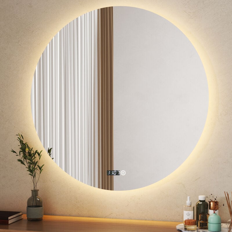 Boromal Badspiegel mit Beleuchtung Runder Spiegel mit Uhr 70x70cm LED Spiegel Rund Spiegel mit Beleuchtung Lichtspiegel Badezimmerspiegel Rund mit