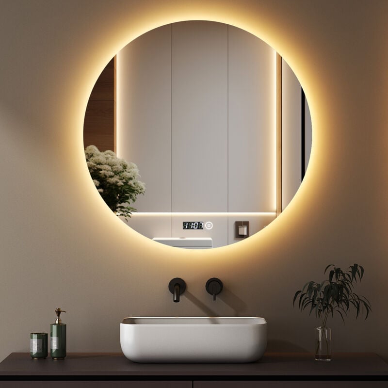 Boromal Badspiegel mit Beleuchtung Runder Spiegel mit Uhr 80x80cm LED Spiegel Rund Spiegel mit Beleuchtung Badezimmerspiegel Rund mit Beleuchtung