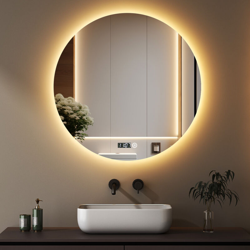 Boromal Badspiegel mit Beleuchtung Runder Spiegel mit Uhr 70x70cm LED Spiegel Rund Spiegel mit Beleuchtung Badezimmerspiegel Rund mit Beleuchtung