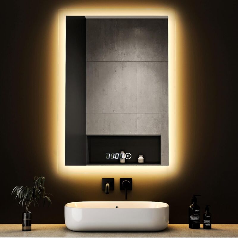 Boromal - Badspiegel mit Beleuchtung und Uhr 50x70cm Dimmbar Badspiegel mit Licht Badezimmerspiegel mit Beleuchtung Spiegel mit Beleuchtung