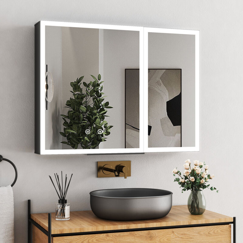 Boromal Doppeltür Spiegelschrank Bad mit Beleuchtung 80x60cm LED Spiegelschrank Schwarz Spiegelschränke Hängeschrank Badezimmerschrank Badschrank