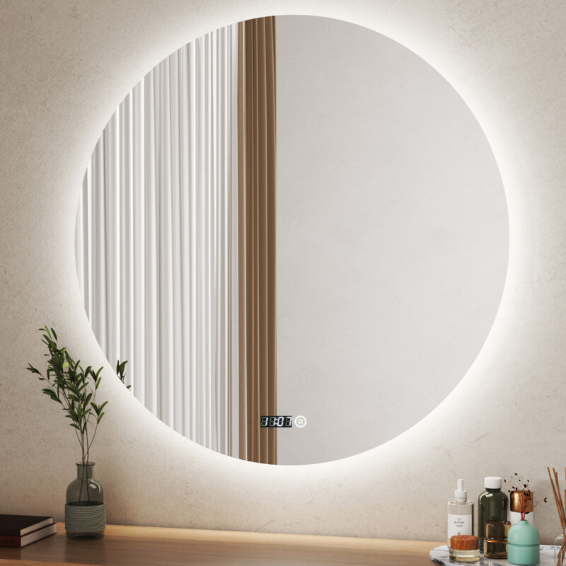 Boromal LED Badspiegel mit Beleuchtung Rund mit Uhr 60x60cm Runder Spiegel mit Beleuchtung Lichtspiegel Badezimmerspiegel Rund mit Beleuchtung